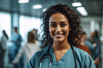 Obraz premium a female nurse smiles and looks at the camera in a medical office