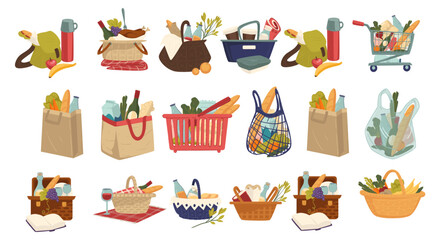 Bags with products and grocery, shopping for food
