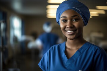 Fototapeta premium a female nurse smiles and looks at the camera in a medical office
