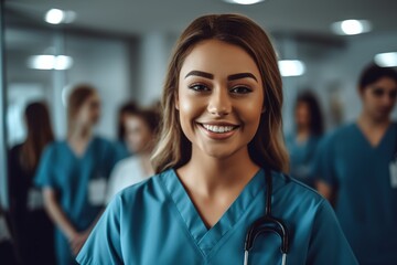 a female nurse smiles and looks at the camera in a medical office