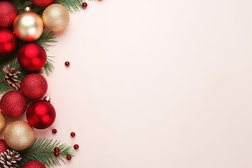 Fototapeta na wymiar Red and golden Christmas balls, branches on white background. Xmas banner. Made with Generative AI.