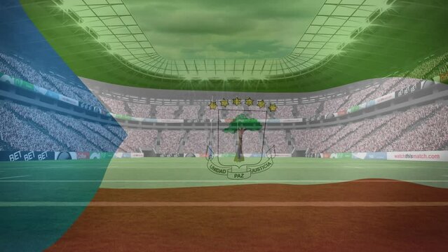 Animation of waving equatorial guinea flag against view of a sports stadium