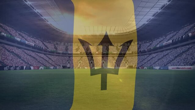 Animation of waving barbados flag against view of a sports stadium