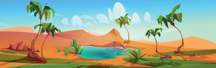 Fototapeta na wymiar Oasis with palm trees and lake in desert. Summer landscape with sand dunes, water, green plants and grass. Nature panorama with oasis in desert, vector cartoon illustration