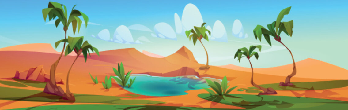Oasis with palm trees and lake in desert. Summer landscape with sand dunes, water, green plants and grass. Nature panorama with oasis in desert, vector cartoon illustration