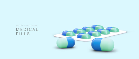 3d realistic blister pack with pills. Web poster with pills and place for text. Treatment, prescribing pills, prescription concept. Vector illustration in blue colors