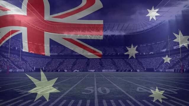 Animation of waving australia flag against view of a sports stadium