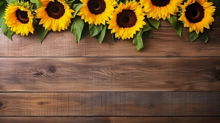 Sunflowers on the wooden background, flat lay, autumn banner. wood texture, flowers on top