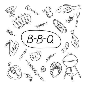 Hand drawn barbecue vector illustration set.