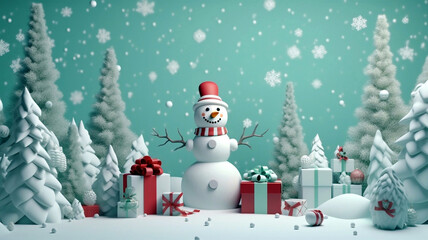 Obraz premium snowman wearing scarf and beanie with pine trees on snow background