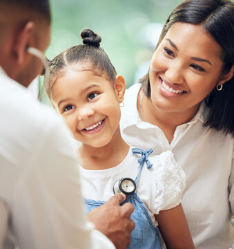 Happy, doctor and mother with girl, healthcare checkup and listen to heartbeat, friendly or consultation. Physician, mama or daughter in the hospital, appointment or stethoscope for diagnosis or care