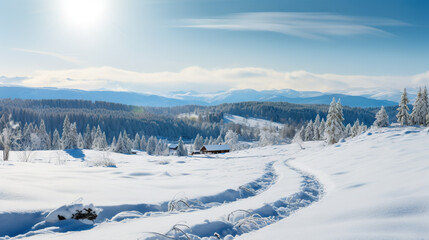 Fototapeta na wymiar Stunning Panorama of Snowy Landscape in Winter in Black Forest - A Breathtaking Winter Wonderland Scene. created with Generative AI