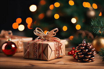 Christmas Gift Box Under the Tree - A Festive Scene of Gift Giving and Holiday Joy.. created with Generative AI