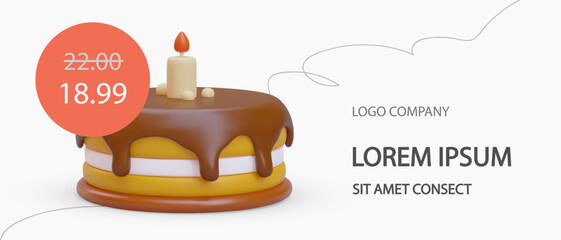 Horizontal promotional template for confectionery. Sweet pastries, holiday desserts, cakes with discounts. Banner with red tag of old and new prices. Cute realistic illustration