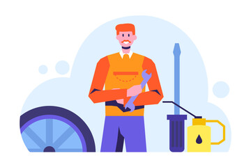 Worker ready for oil change in automobile. Auto repair service station. Auto service business owner. Technic occupation. Flat vector illustration in cartoon style