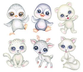 Watercolor set of Cute Winter Baby Animals, Hand Drawn white arctic animals Snow leopard, little Polar bear, snowy owl, baby reindeer, penguin and arctic fox isolated on white background - 627216215