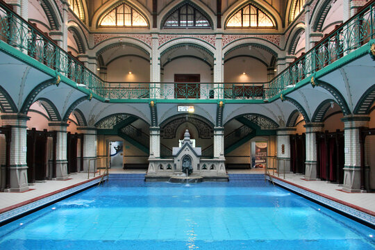 Zwickau, Germany - July 21, 2023: Johannisbad, a historical indoor swimming pool and bathing establishment, founded in 1869 by Doctor Samuel Schlobig.