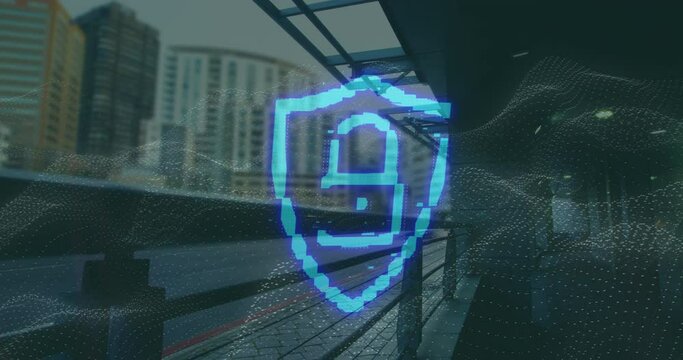 Animation of neon blue security padlock and digital wave against time-lapse of city traffic