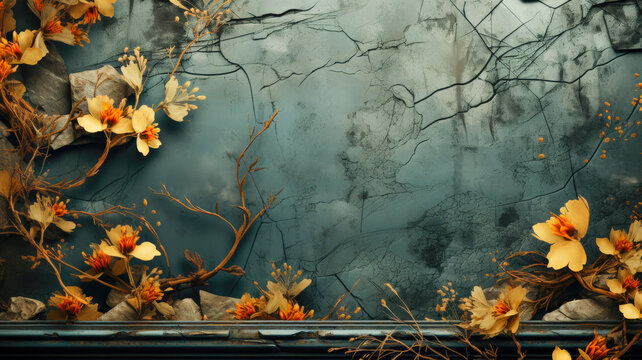 Fototapeta Grungy Blue Wall with Orange Flowers VintageInspired Floral Art on a Cracked and Textured Wall AI Generated