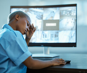 Black woman, police and headache for security surveillance in burnout, stress or overworked at...