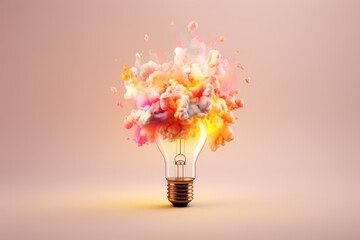 Light bulb with colour explosion on pink background, created using generative ai technology