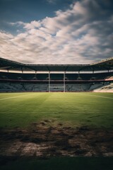 Empty sports stadium with rugby field, created using generative ai technology