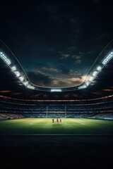 Sports stadium with rugby field and players, created using generative ai technology - obrazy, fototapety, plakaty