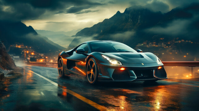 Dramatic Night Scene of a Supercar in a Foggy Mountain Village Wet and Cloudy Road Trip AI Generated