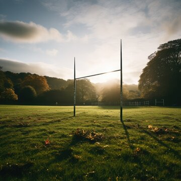 Empty rugby field with goal, created using generative ai technology