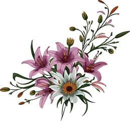 Watercolor bouquet of flowers (lily , cheery broom and wild flower)