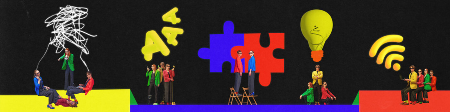 Motivated young people in bright color jackets in business process over dark mode background. Implementation of ideas. Embodiment of business plan.
