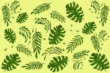 Tropical leaves background and wallpaper, green leaves, illustration, vector.