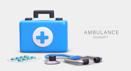 Ambulance collection with medical items. First aid for patient, box with medicine and stethoscope for examine patient. Vector illustration in blue colors with place for text