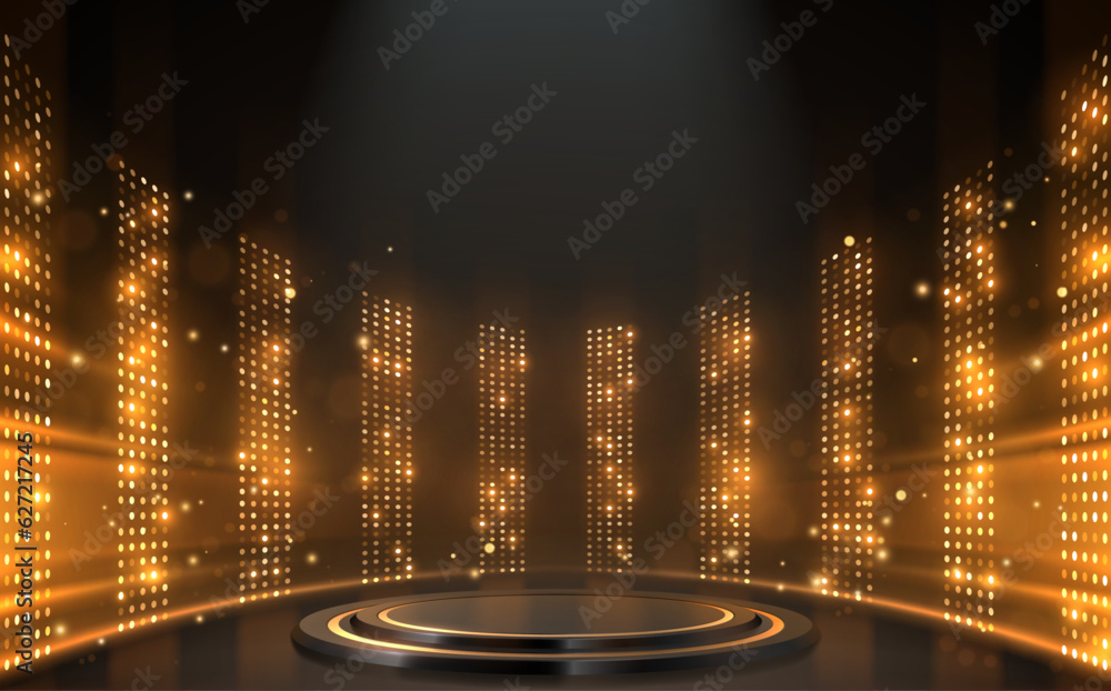 Wall mural Podium with golden light lamps background