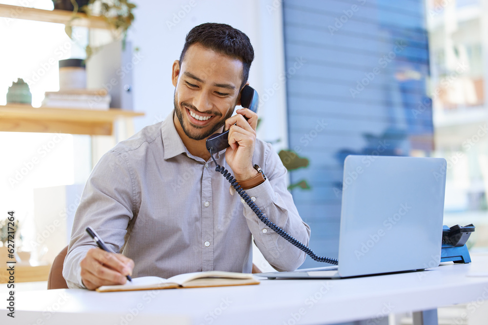 Poster consultant, businessman on telephone and writing in a notebook with a laptop at desk in office at hi