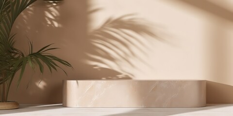 Marble beige podium with shadow from palm leaves on the wall. Background for presentation