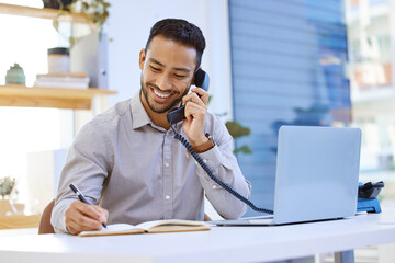 Consultant, businessman on telephone and writing in a notebook with a laptop at desk in office at his workplace. Networking or support, communication and man on a phone call for customer service