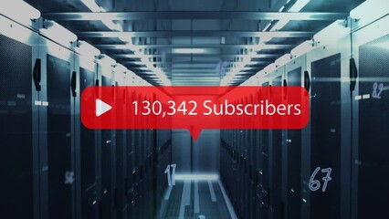 Animation of play icon with increasing subscribers and multiple numbers against computer server room - Powered by Adobe