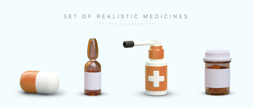 Set of realistic medicines in different packaging. Capsule, ampoule, spray, jar with pills. Isolated elements with blank labels. Brown and white vector icons