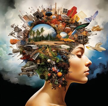 World Earth Inside the Mind: A Powerful Photo Collage Reflecting Technological Fusion and Consumer Culture Critique in the Style of Josh Adam ski and Casey Child traveling vibe