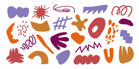 Big set of colored drawn objects in vector. Colorful hand painted abstract shapes, swirls, shapes and doodles.