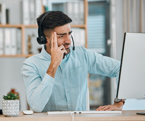Stress, call center problem or man at computer, telemarketing agency and fail of anxiety,...