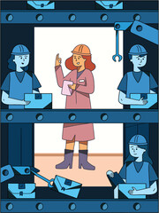 Confident young woman in a factory working colourful vector illustration. 