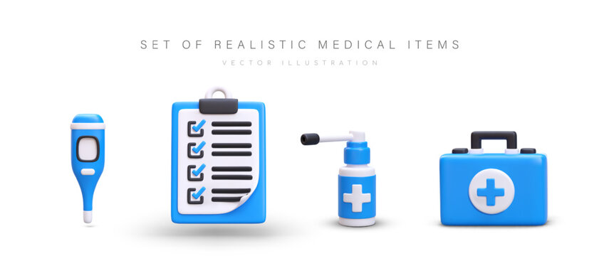 Set of realistic medical accessories. Blue thermometer, clipboard, throat spray, first aid kit. Monitoring of patient condition. Adherence to treatment protocol. Isolated colored vector icons