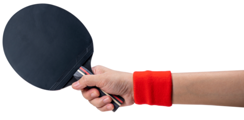 Sports equipment, Woman Hand holding black ping pong racket on white background or Black table tennis racket isolate on white PNG file.