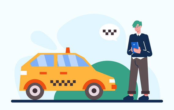 Young stylish male order car via smartphone. Taxi on way to client. Online car order via smartphone. Vector flat illustration in green and yellow colors in cartoon style