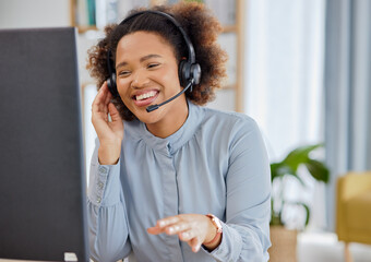 Call center, conversation and happy woman in office, sales and telemarketing with headset at help...