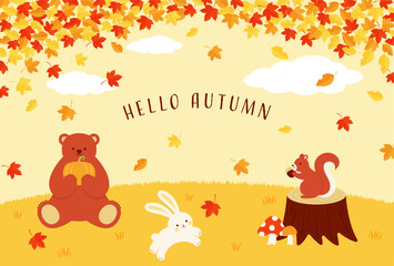 autumn forest vector background with animals for banners, cards, flyers, social media wallpapers, etc.