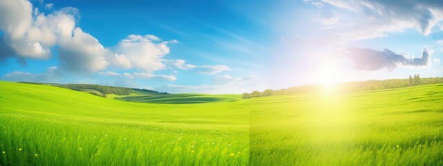 Natural panoramic landscape with spring meadow with curved horizon line. Field bright juicy green grass against a blue sky with clouds and sun flare