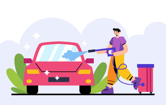 Man cleaning car with detergent outside. Clean dirt on machine under high water pressure. Place for auto transport wash. Flat vector illustration in cartoon style